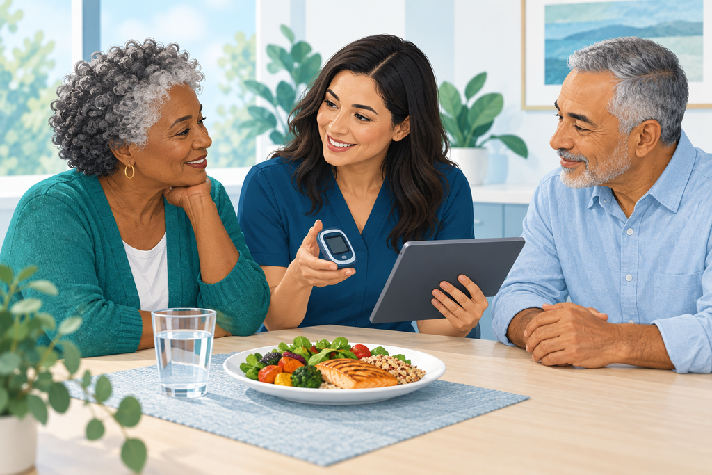 Illustration of a diabetes educator discussing glucose monitoring and healthy eating with two adults.